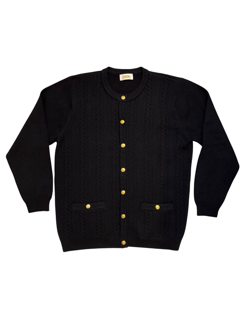 VINTAGE Talbots Cable Knit Crewneck Cardigan Sweater Gold Toned Buttons Size L?